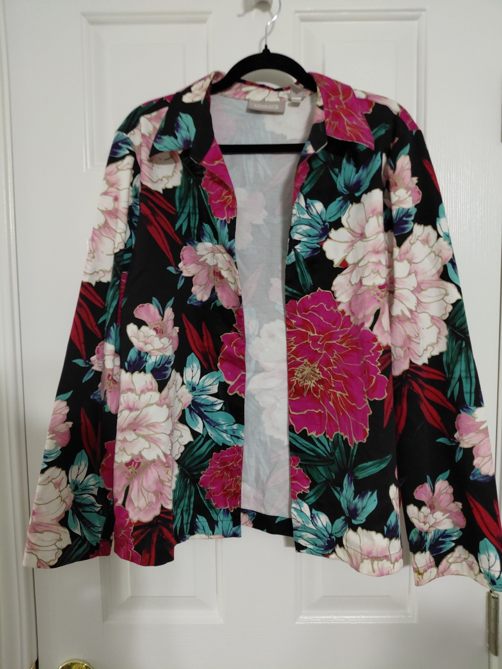 Chico's Black Floral Open-Front Blazer with Pink & Teal Blooms